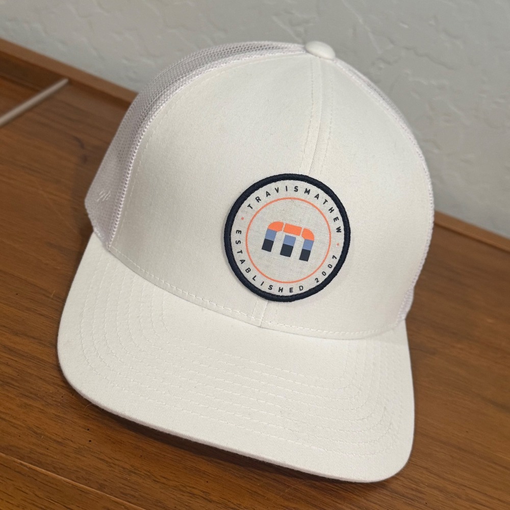 TravisMathew Trucker Hat Mens OS White Good Mesh Snapback Patch Logo Cap